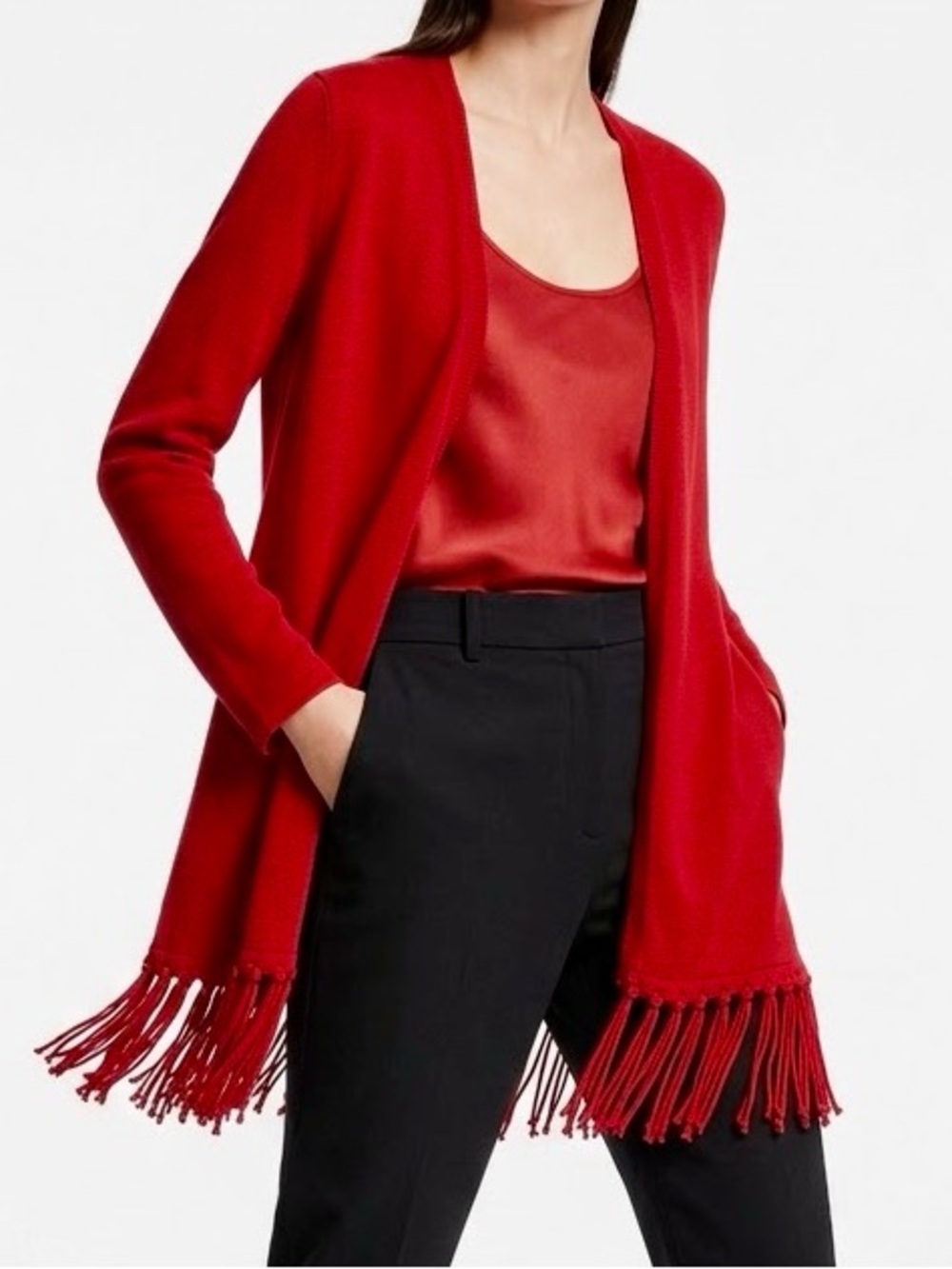 CHICO’S Red Fringe Open-Front Cardigan Sweater — #LHP